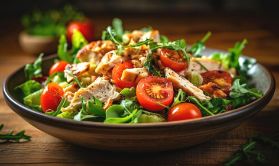 dish of salad with chicken shawarma