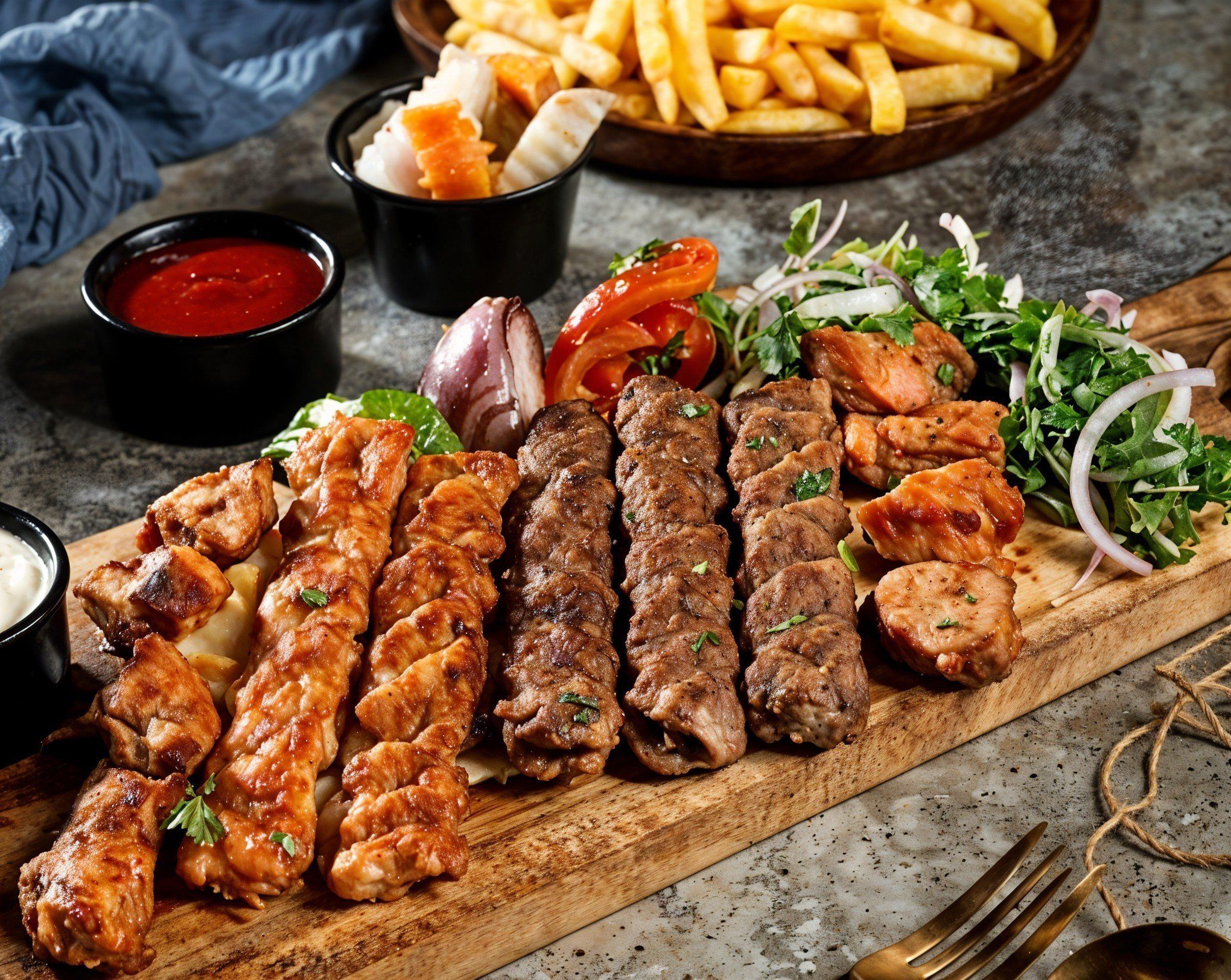 selection of grilled meat, chicken and lamb